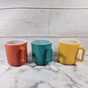 Hazel Atlas Mugs Set of 3 Orange Teal Yellow Milk Glass